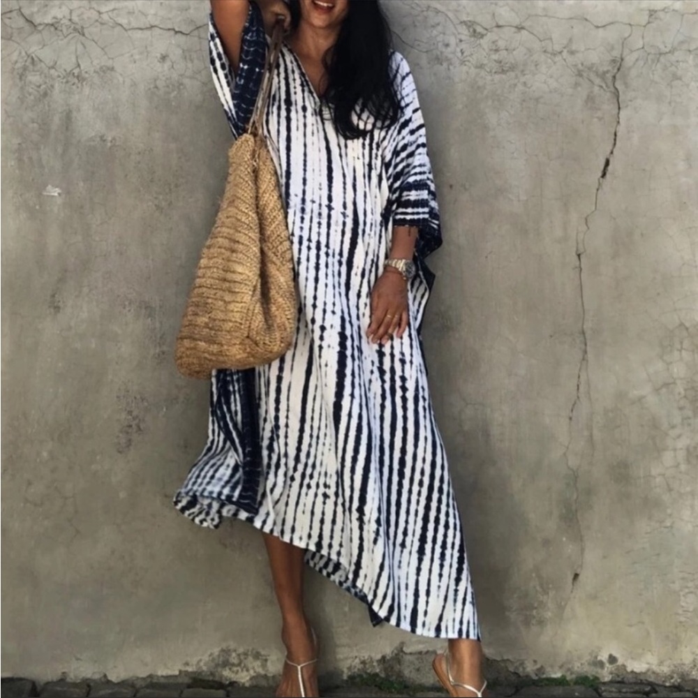 NEW! Bohemian Tie Dye Kimono Maxi Tunic Dress Beach Cover Up - Picture 4 of 6